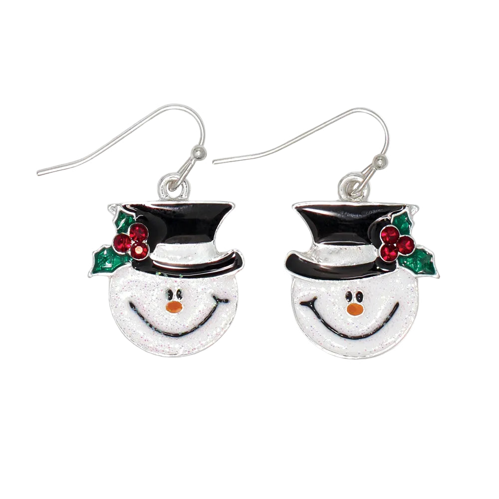 Periwinkle Silver Frosty Face w/Crystals earrings featuring a sparkling holiday snowman design available at Be Charmed