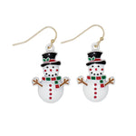 Periwinkle snowman with hat and scarf earrings featuring a festive winter holiday design available at Be Charmed