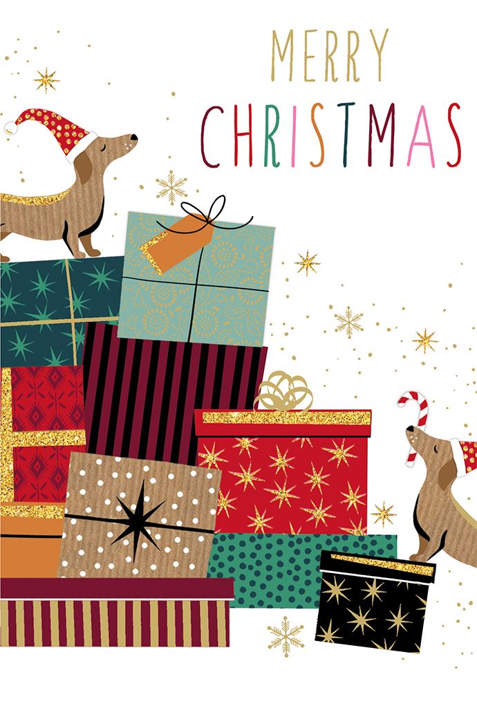 Pictura Merry Christmas Dogs greeting card featuring festive holiday dogs available at Be Charmed