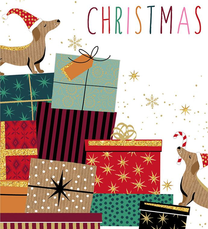 Pictura Merry Christmas Dogs greeting card featuring festive holiday dogs available at Be Charmed