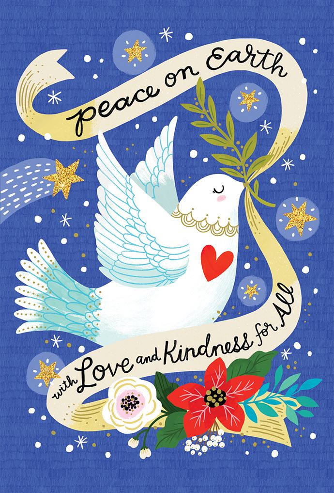 A square greeting card or art print featuring a white dove with light blue wings holding a green olive branch, set against a textured royal blue background with white stars. A cream ribbon across the top reads 'Peace on Earth' and a lower ribbon reads 'with Love and Kindness for All'. Available at Be Charmed