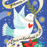A square greeting card or art print featuring a white dove with light blue wings holding a green olive branch, set against a textured royal blue background with white stars. A cream ribbon across the top reads 'Peace on Earth' and a lower ribbon reads 'with Love and Kindness for All'. Available at Be Charmed