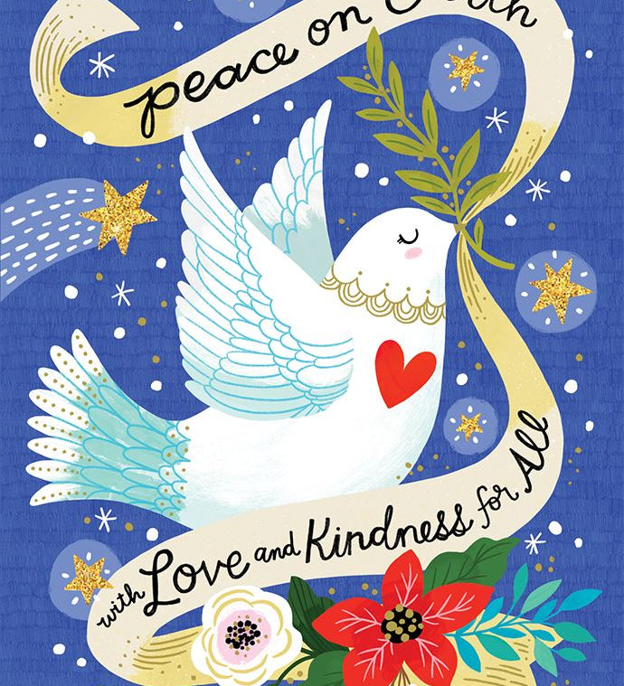 A square greeting card or art print featuring a white dove with light blue wings holding a green olive branch, set against a textured royal blue background with white stars. A cream ribbon across the top reads 'Peace on Earth' and a lower ribbon reads 'with Love and Kindness for All'. Available at Be Charmed