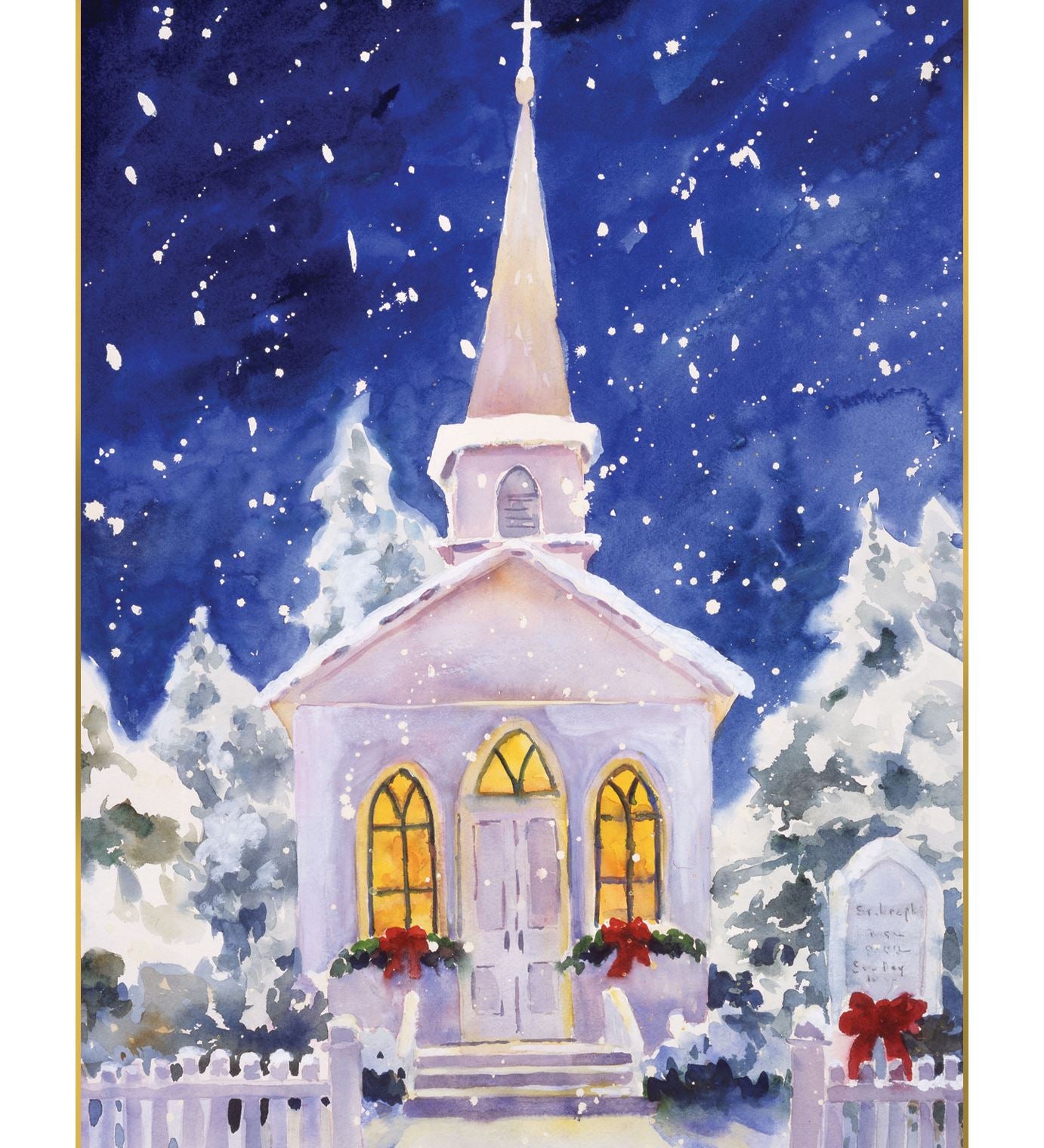 Pictura Religious Night Mass Christmas card, serene holiday greeting card depicting a silent night church scene available at Be Charmed