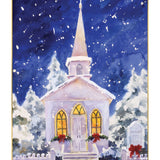 Pictura Religious Night Mass Christmas card, serene holiday greeting card depicting a silent night church scene available at Be Charmed