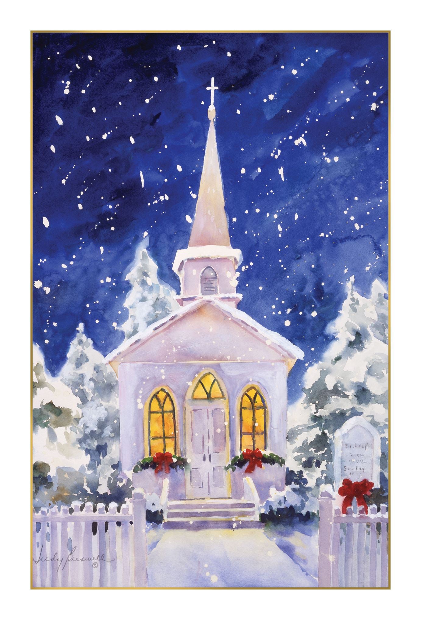 Pictura Religious Night Mass Christmas card, serene holiday greeting card depicting a silent night church scene available at Be Charmed