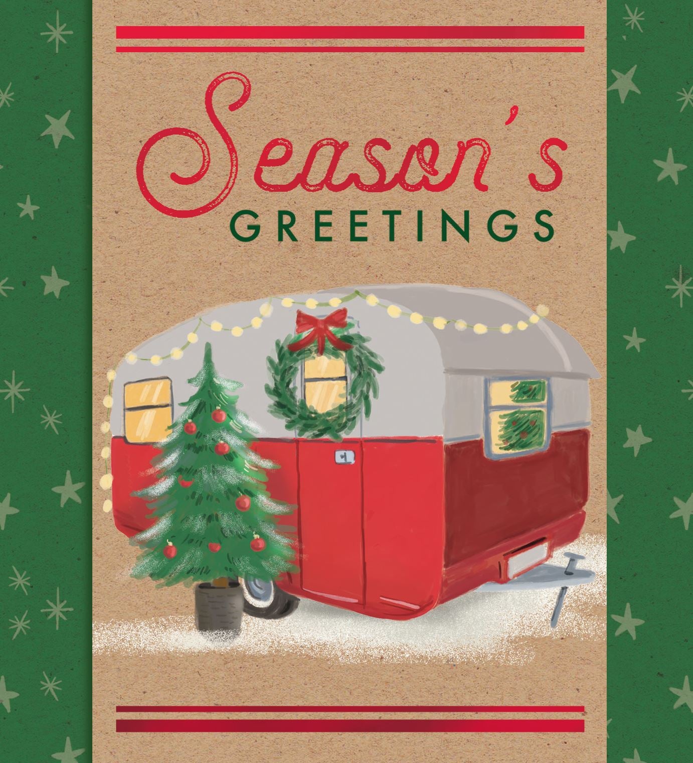 Pictura Season's Greetings Christmas Card featuring a holiday camper available at Be Charmed