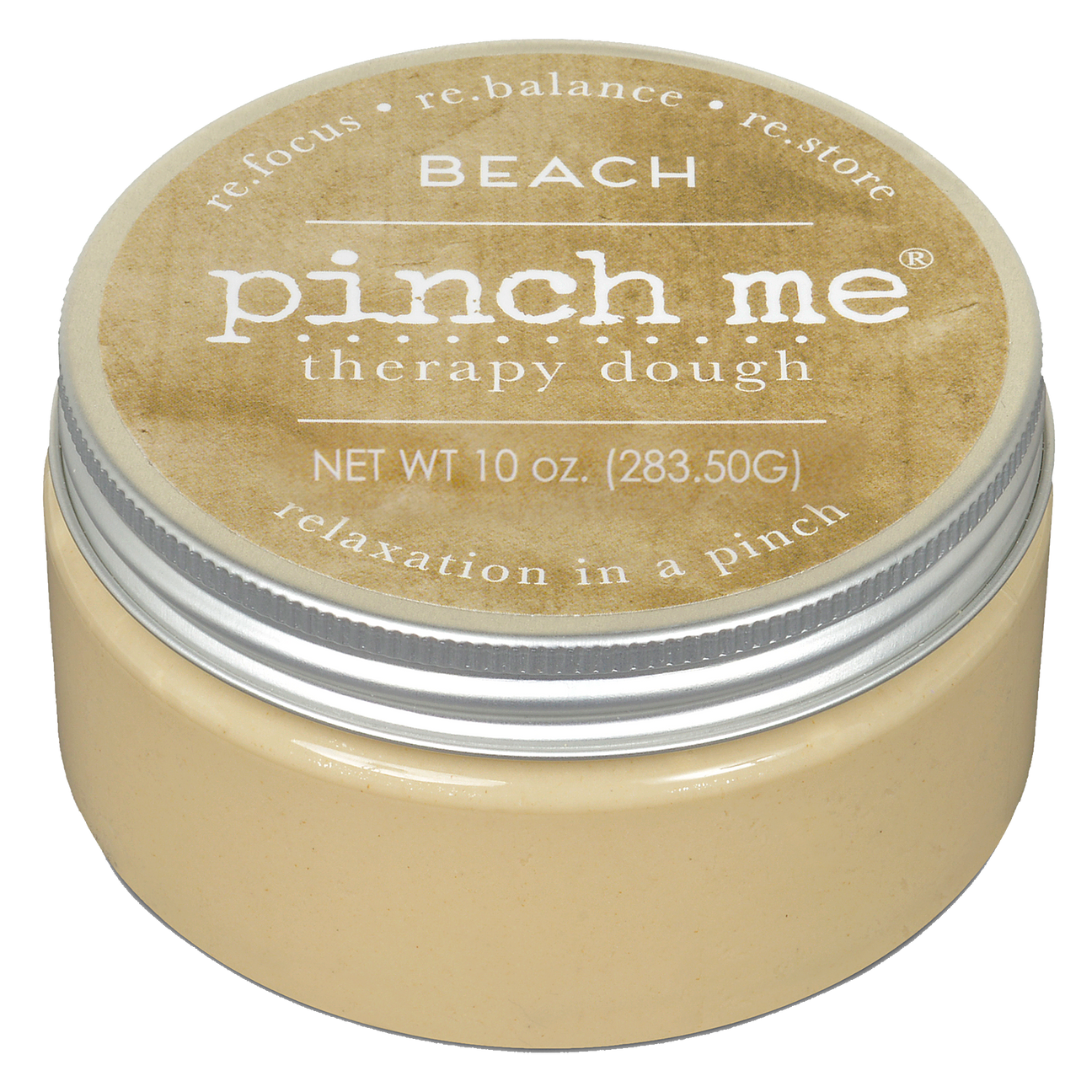 Jar of beach 'pinch me' therapy dough with a beige lid and body on a white background. Available at Be Charmed