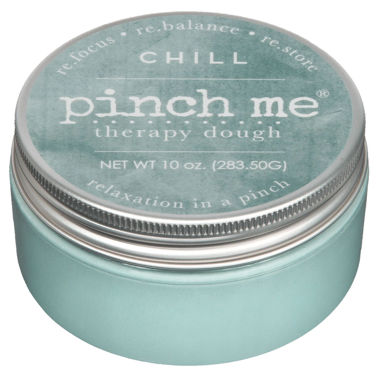 Jar of 'pinch me' therapy dough with a teal lid on a white background. Available at Be Charmed