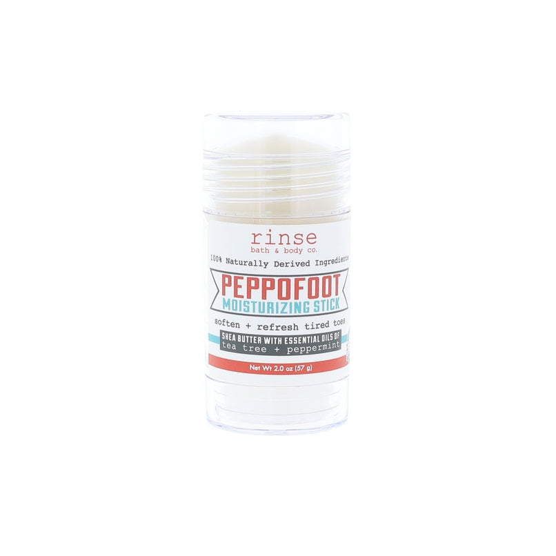 A white stick packaging labeled 'Peppofoot Moisturizing Stick' by Rinse Bath & Body designed for foot care. Available at Be Charmed
