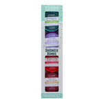 A pack of four shower bombs by Rinse Bath & Body, with labels indicating different scents such as Eucalyptus, Lavender, Peppermint, and Thieves. Available at Be Charmed