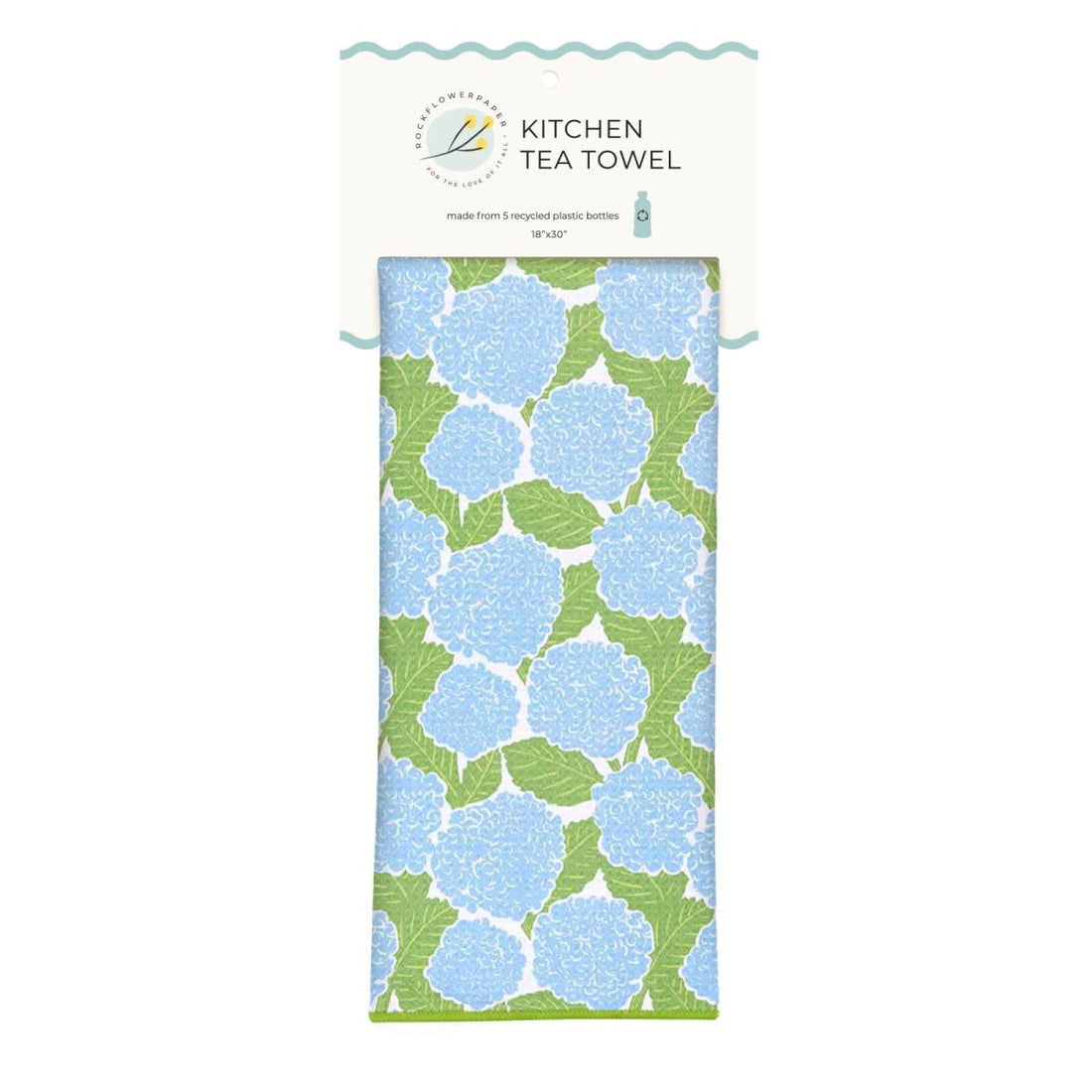 A packaged kitchen tea towel with a light blue and green hydrangea pattern, shown on a white background with a branded header card. Available at Be Charmed