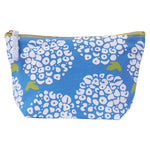 Blue pouch with white floral pattern on a white background. Available at Be Charmed