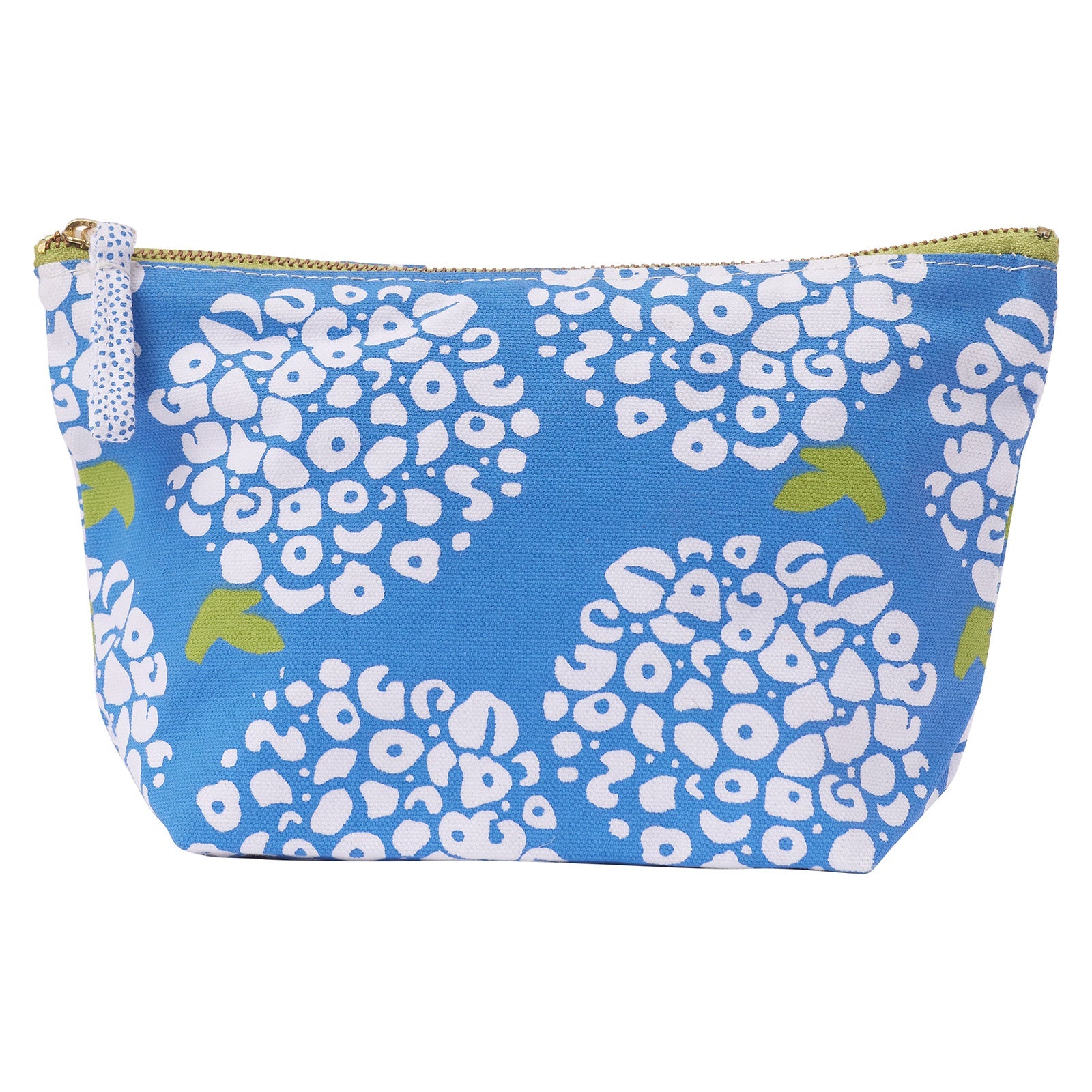Blue pouch with white floral pattern on a white background. Available at Be Charmed