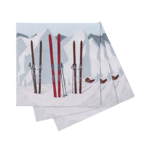 A set of Rock Flower Paper square paper napkins featuring a printed winter mountain scene with several pairs of skis standing in snow under a pale sky. Available at Be Charmed