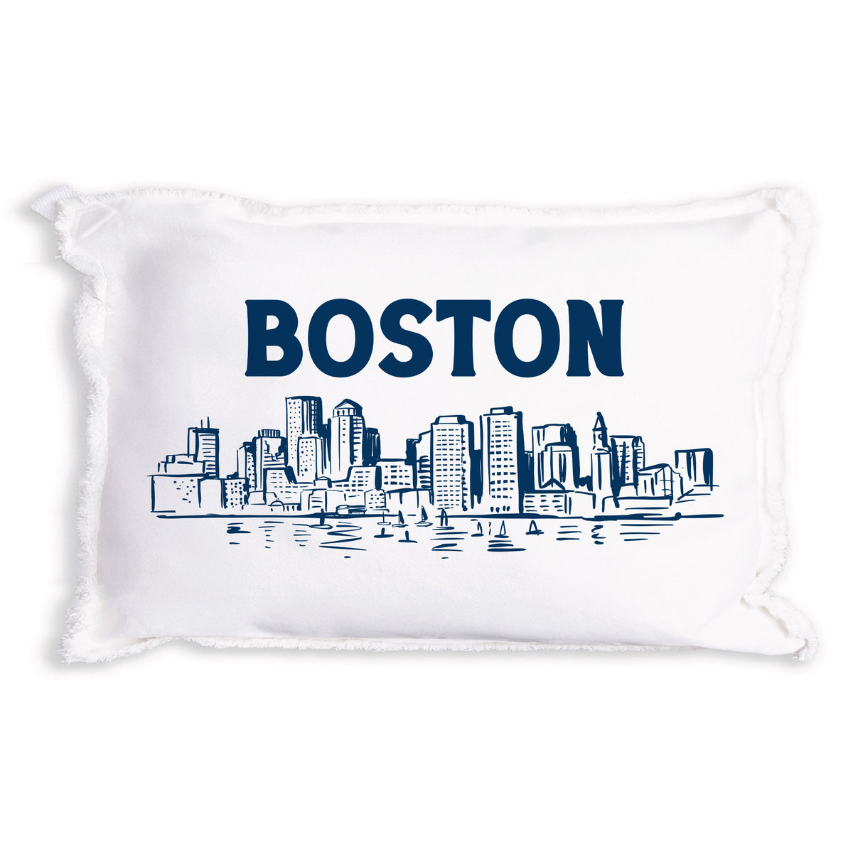 Rustic Marlin navy Boston skyline 12x18 pillow featuring a graphic cityscape design available at Be Charmed