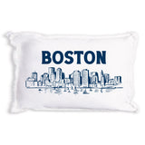 Rustic Marlin navy Boston skyline 12x18 pillow featuring a graphic cityscape design available at Be Charmed