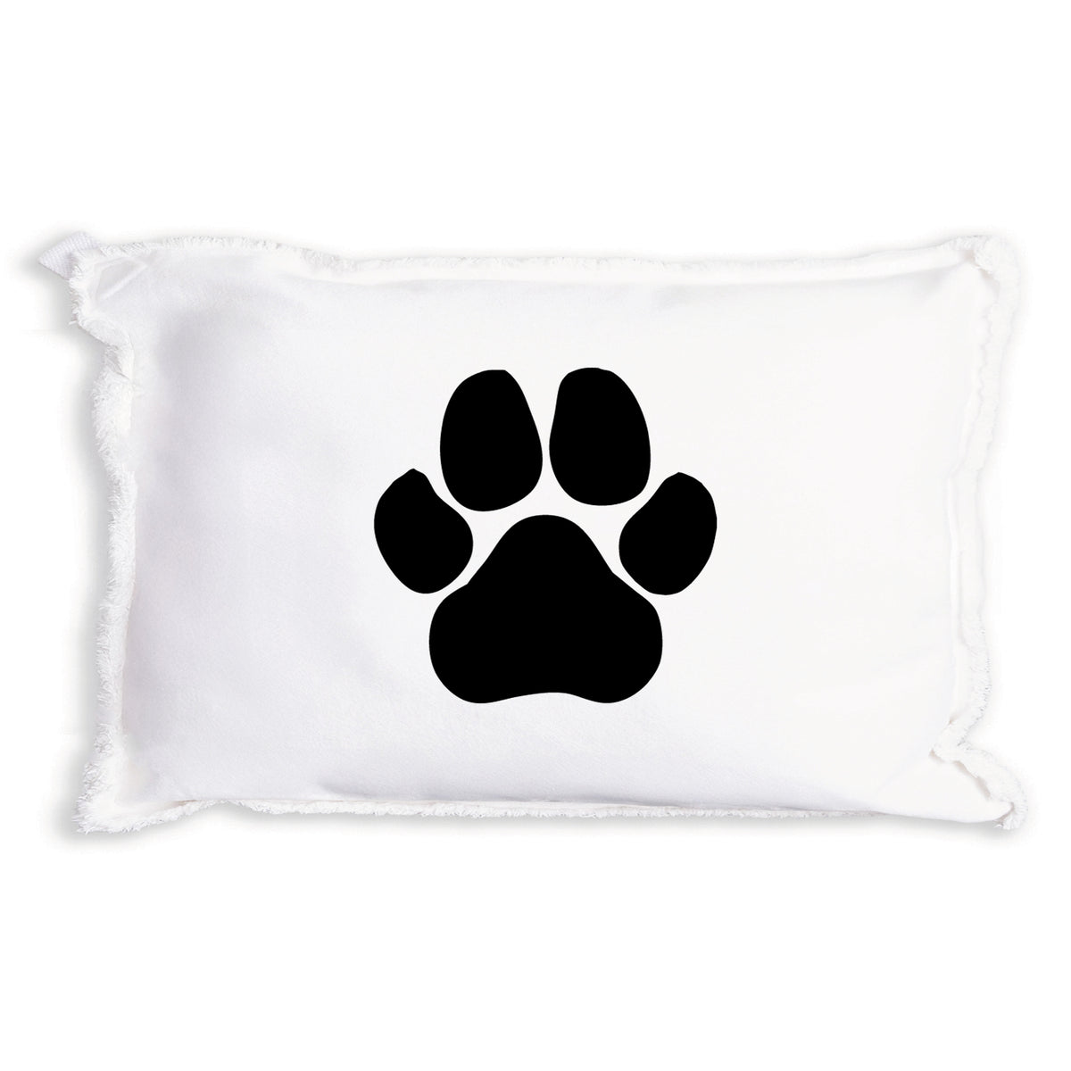 A Rustic Marlin white rectangular pillow with a black paw print graphic in the center, shown against a plain white background. Available at Be Charmed