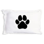 A Rustic Marlin white rectangular pillow with a black paw print graphic in the center, shown against a plain white background. Available at Be Charmed