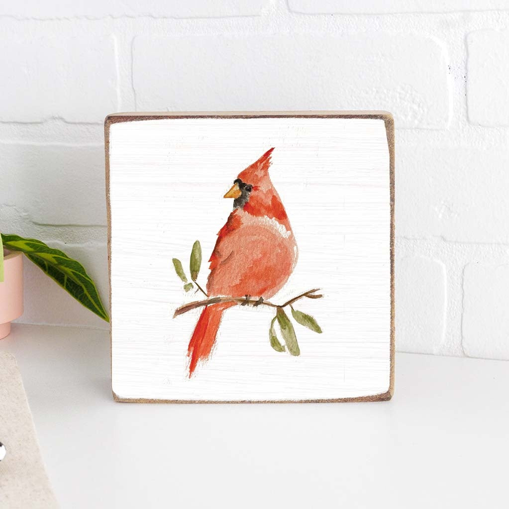 Rustic Marlin watercolor cardinal 6 x 6 block featuring a painted bird design available at Be Charmed