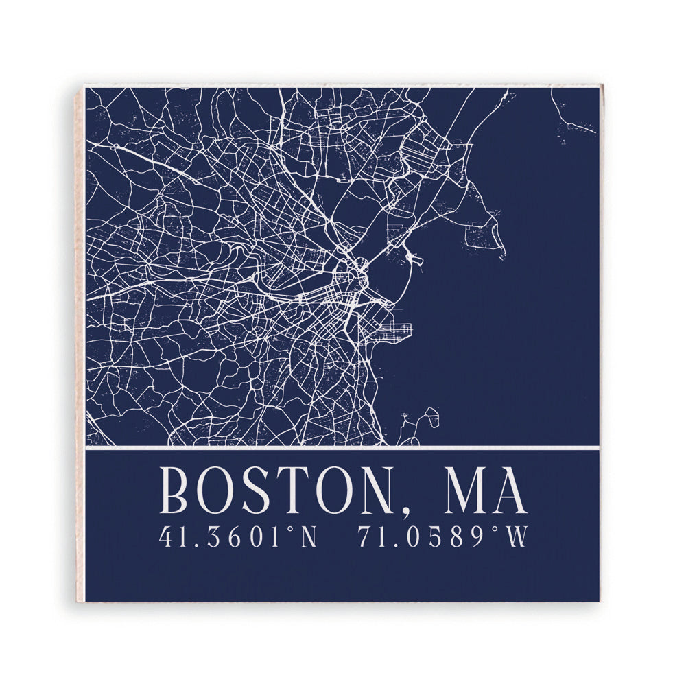 A square Rustic Marlin magnet featuring a white line map of Boston, MA on a dark navy background, with the text 'BOSTON, MA' and coordinates '41.5601°N 71. Available at Be Charmed