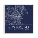 A square Rustic Marlin magnet featuring a white line map of Boston, MA on a dark navy background, with the text 'BOSTON, MA' and coordinates '41.5601°N 71. Available at Be Charmed