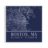 A square Rustic Marlin magnet featuring a white line map of Boston, MA on a dark navy background, with the text 'BOSTON, MA' and coordinates '41.5601°N 71. Available at Be Charmed