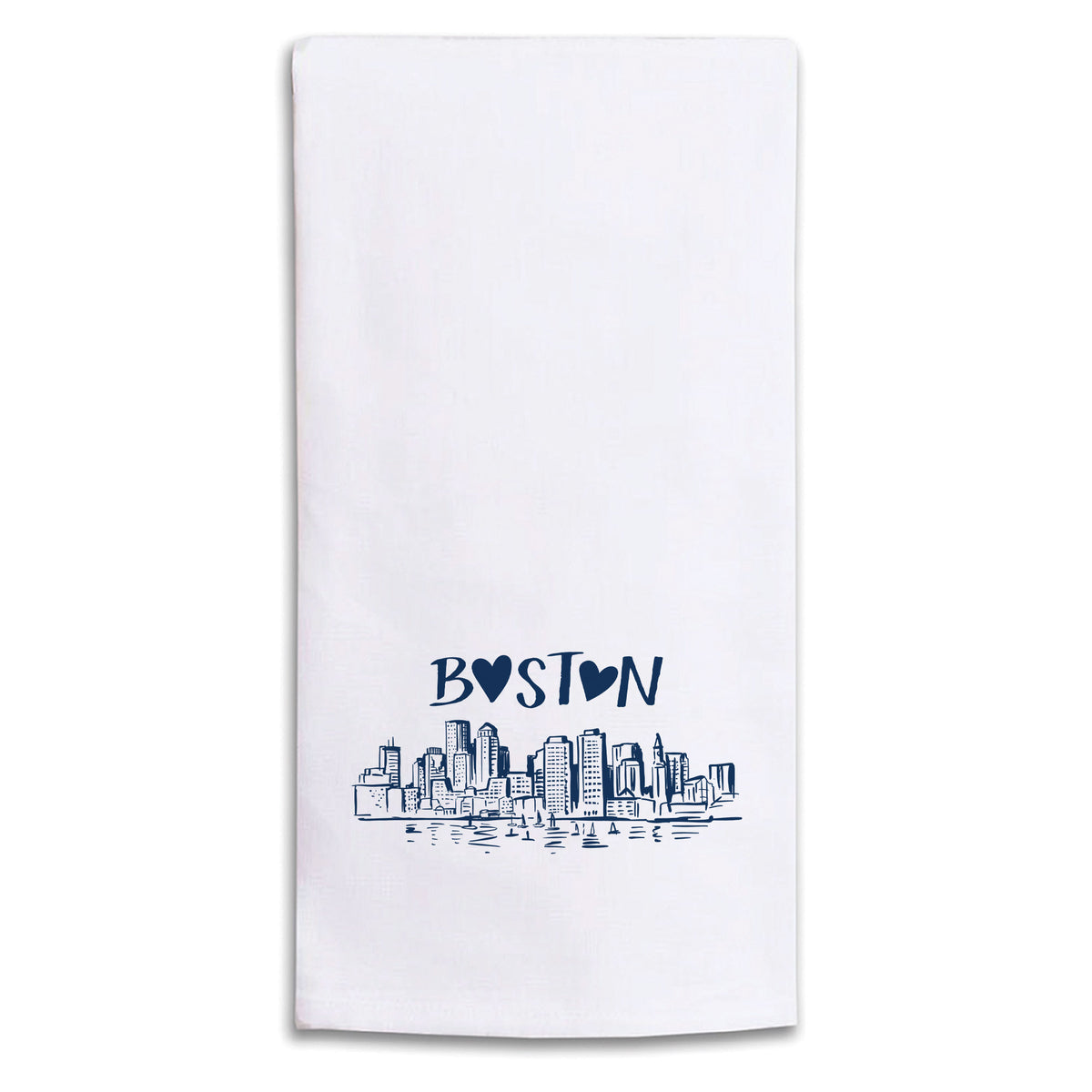 A Rustic Marlin white kitchen towel featuring a navy blue printed graphic of the Boston skyline and the word 'BOSTON' with heart details, shown against a plain white background. Available at Be Charmed