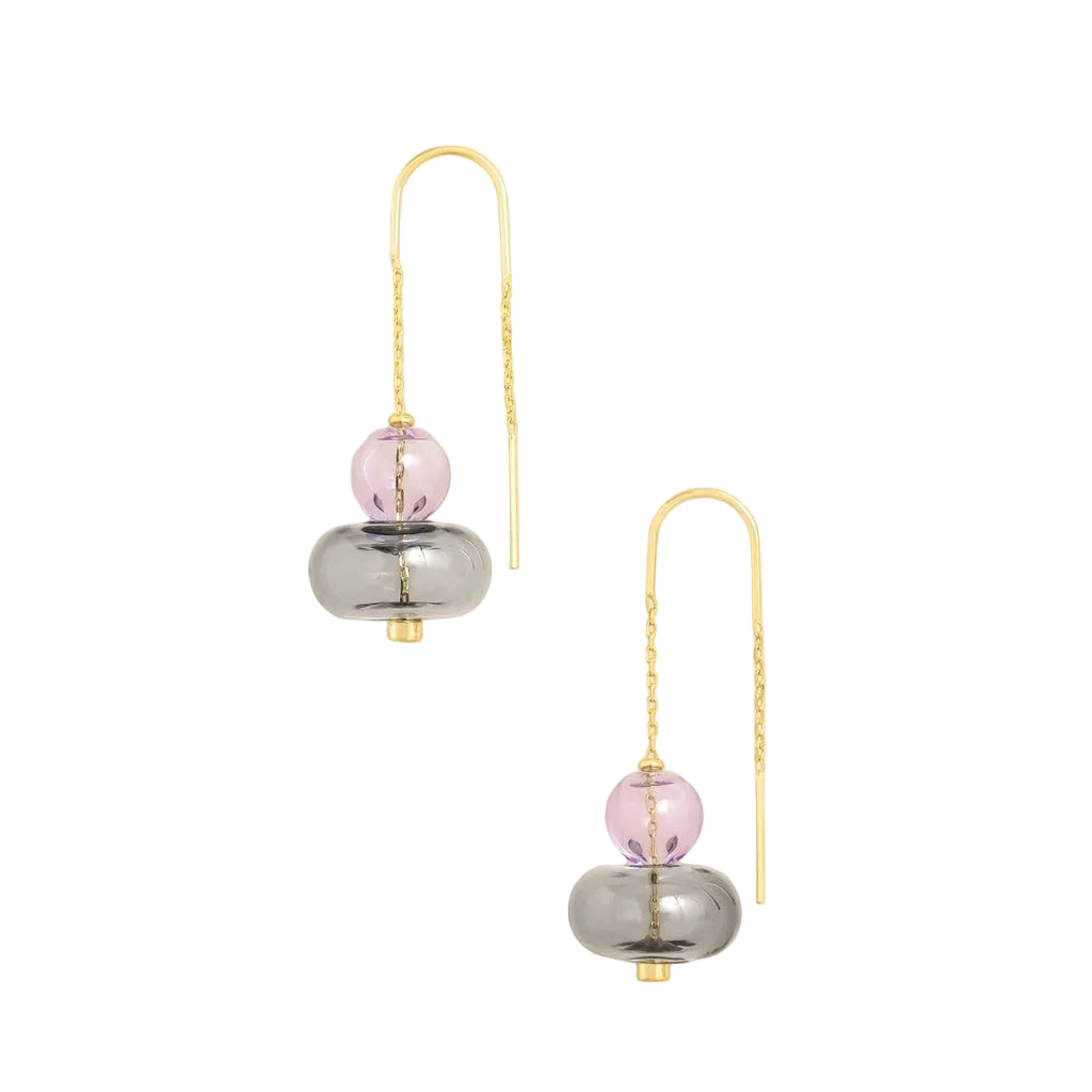 Scout Curated Wears Refined Glass Stacked Threader earrings in lavender/smoke gold; featuring delicate dangling glass beads available at Be Charmed 