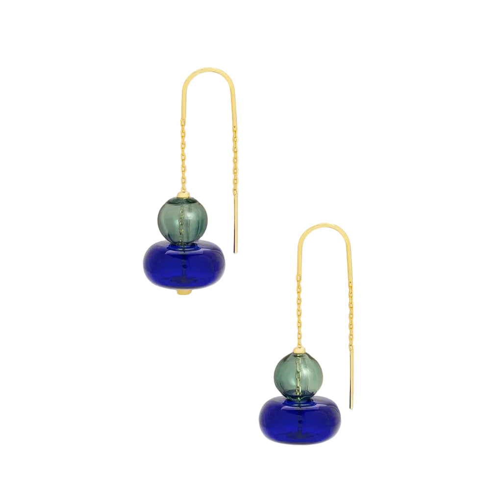 Scout Curated Wears Refined Glass Stacked Threader earringsin teal/blue gold; featuring delicate dangling glass beads available at Be Charmed
