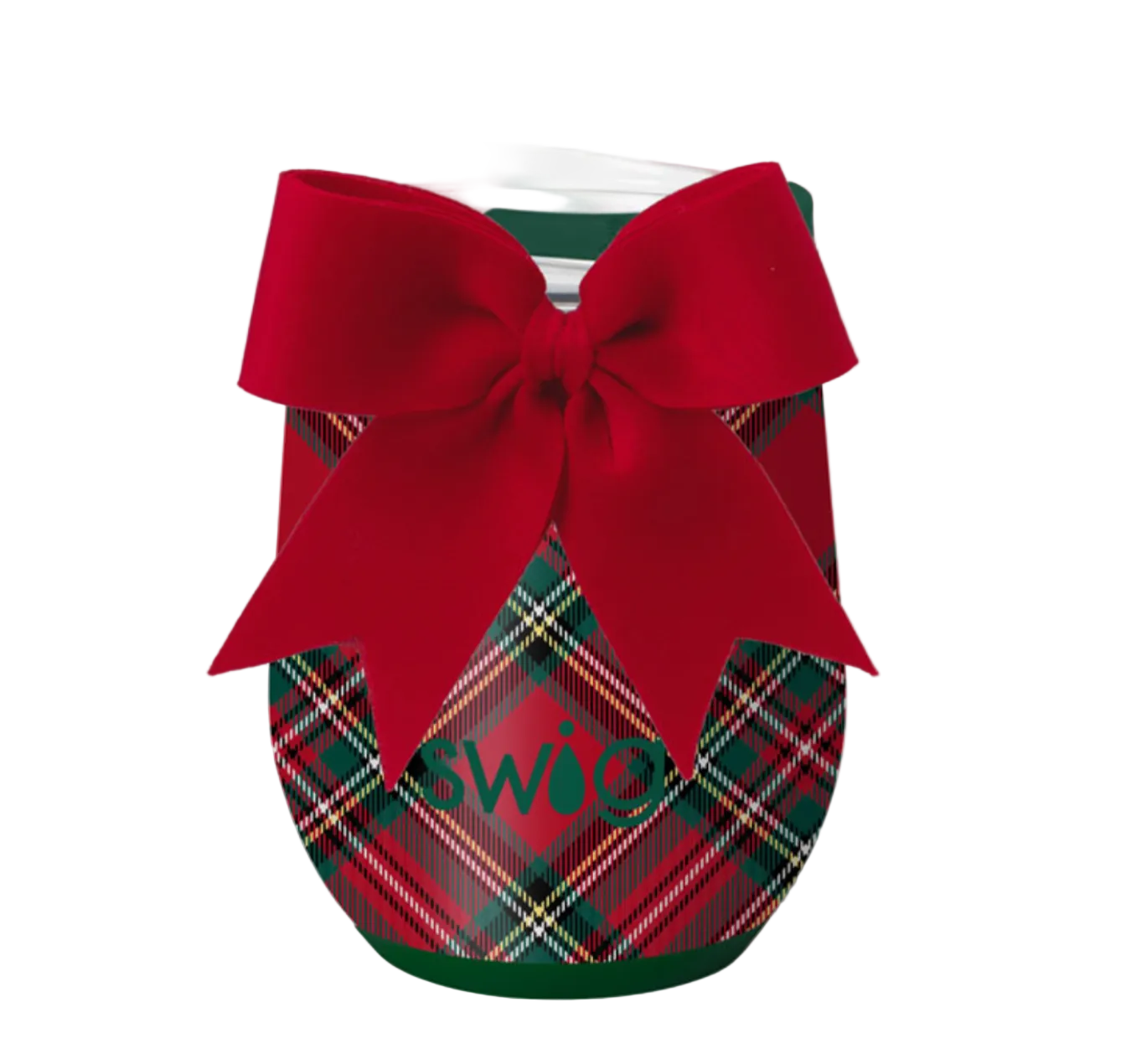 Christmas Plaid Swig holiday stemless wine cup featuring a festive seasonal pattern available at Be Charmed
