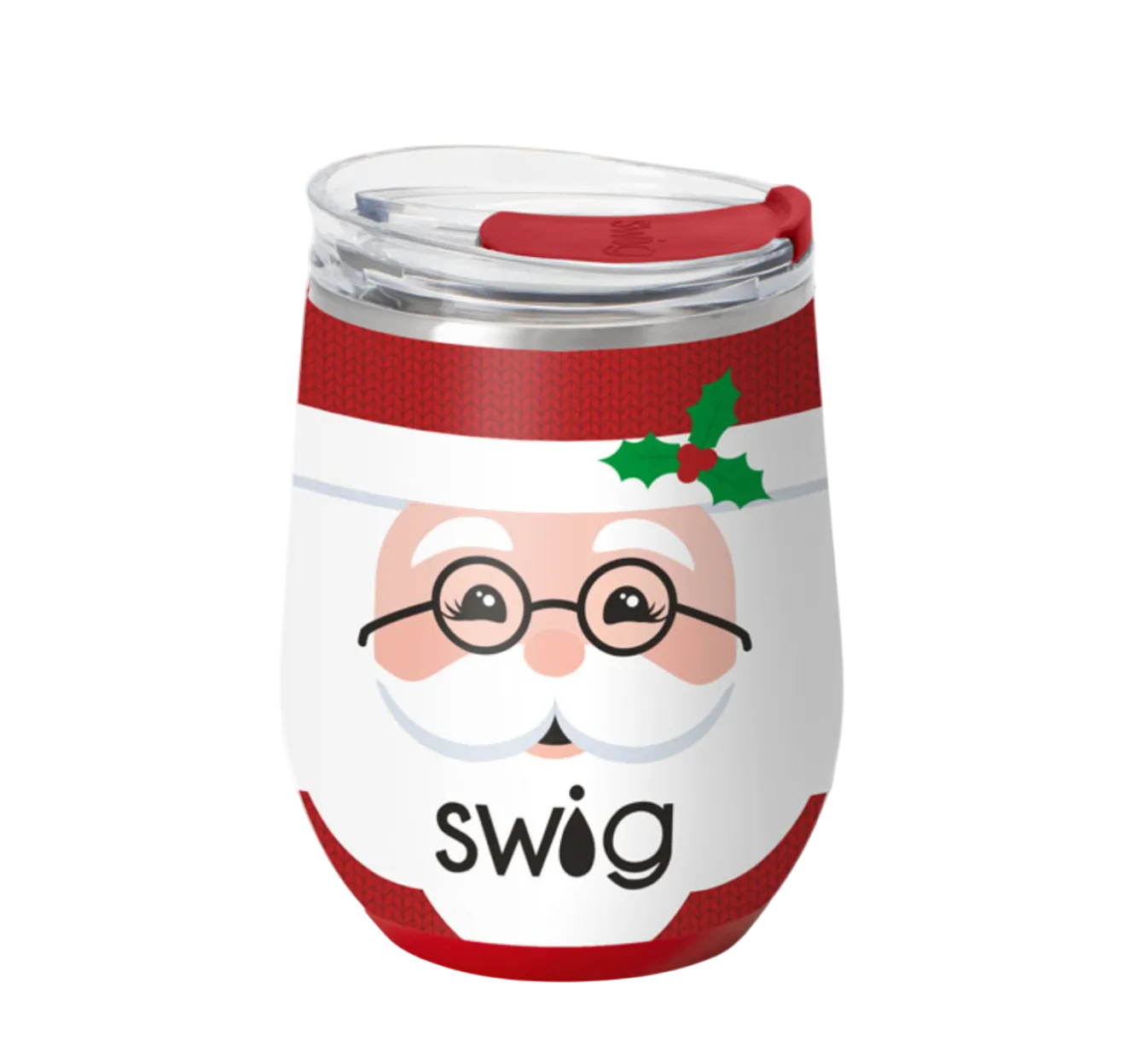 Mr Claus Swig holiday stemless wine cup featuring a festive seasonal pattern available at Be Charmed