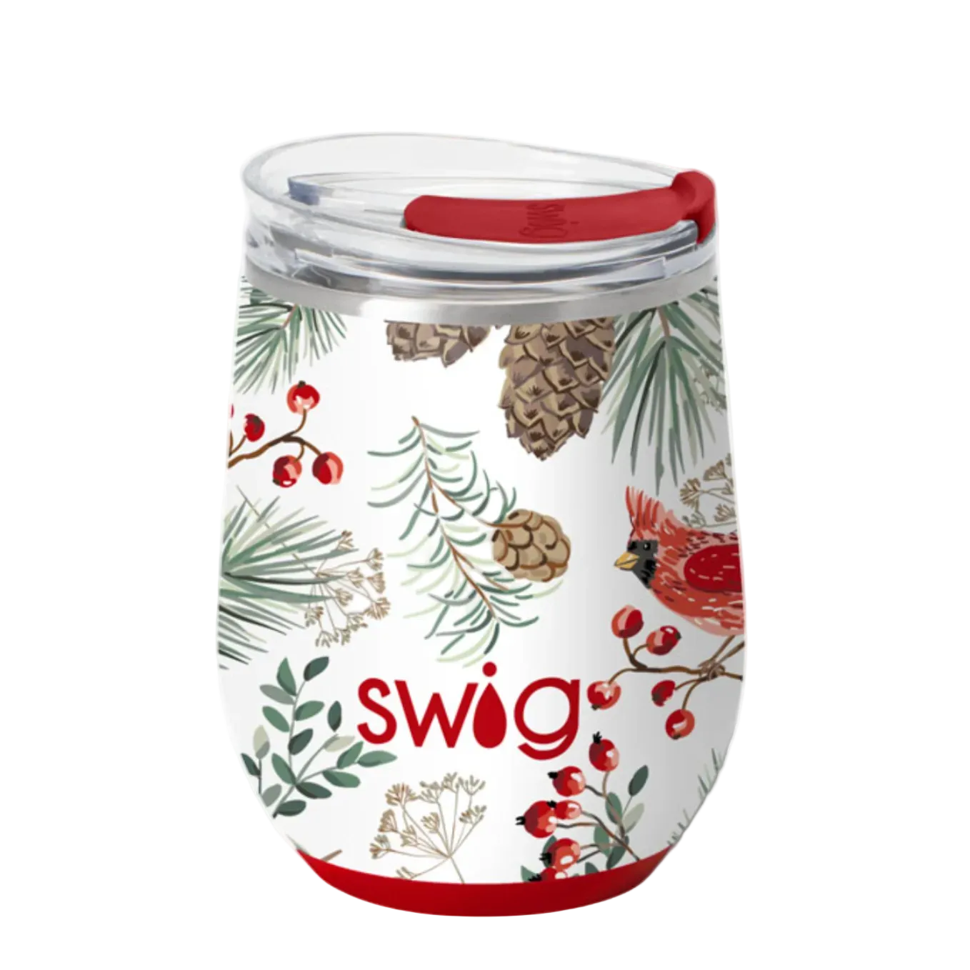 Winter Cardinal Swig holiday stemless wine cup featuring a festive seasonal pattern available at Be Charmed