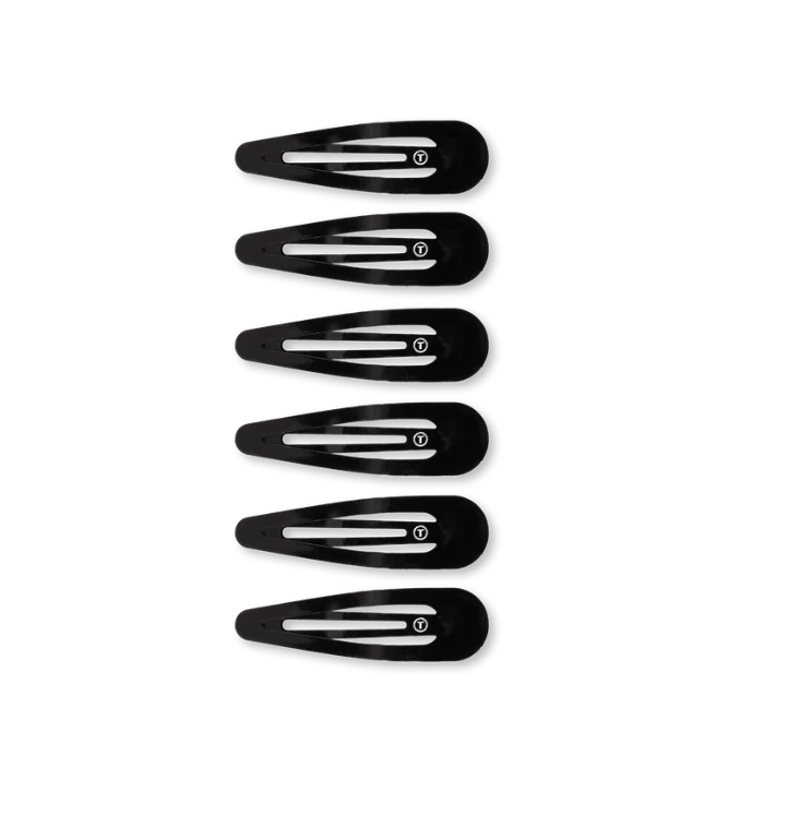 Six black snap clips arranged vertically on a plain white background.. Available at Be Charmed