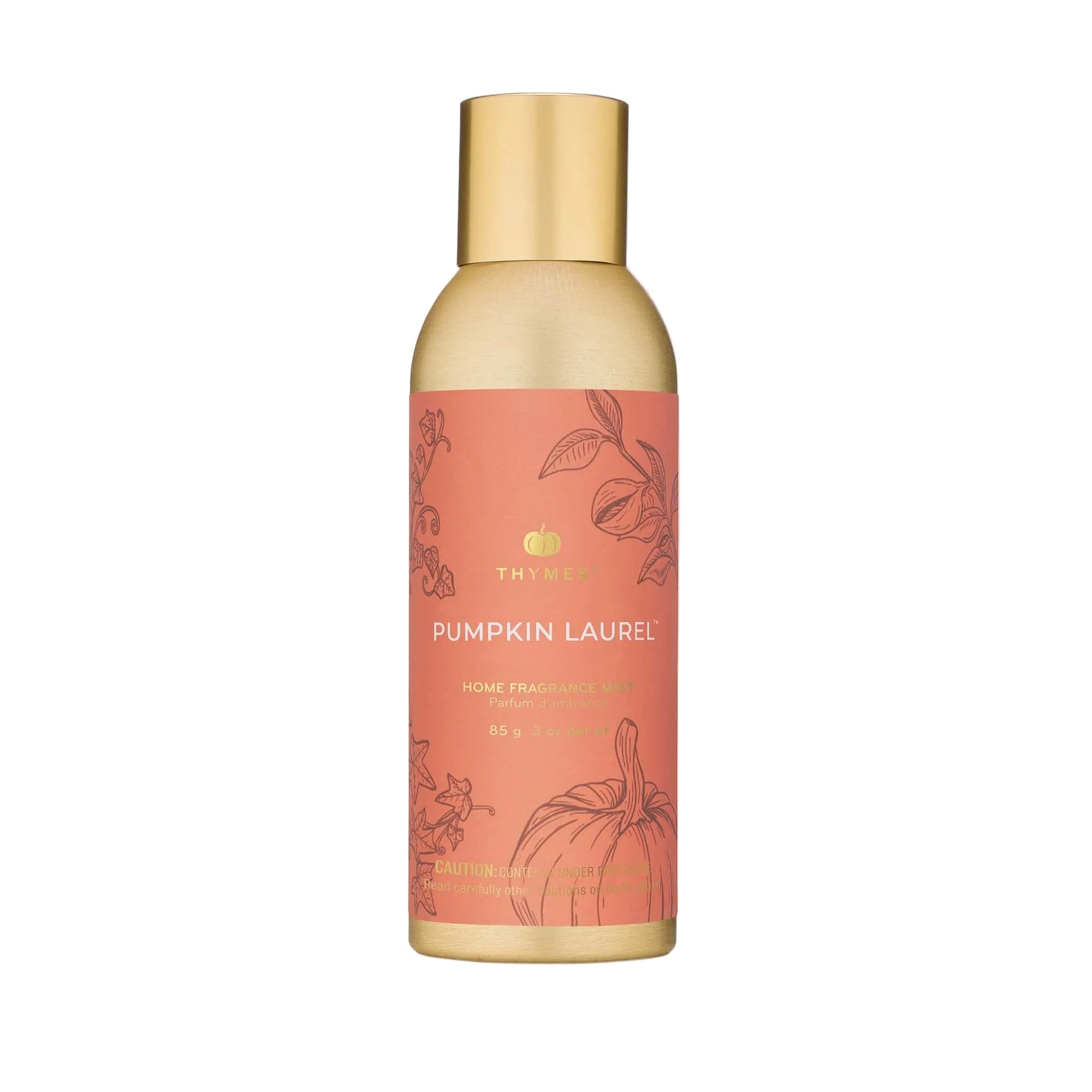 Thymes Pumpkin Laurel home fragrance mist bottle on a white background. Available at Be Charmed