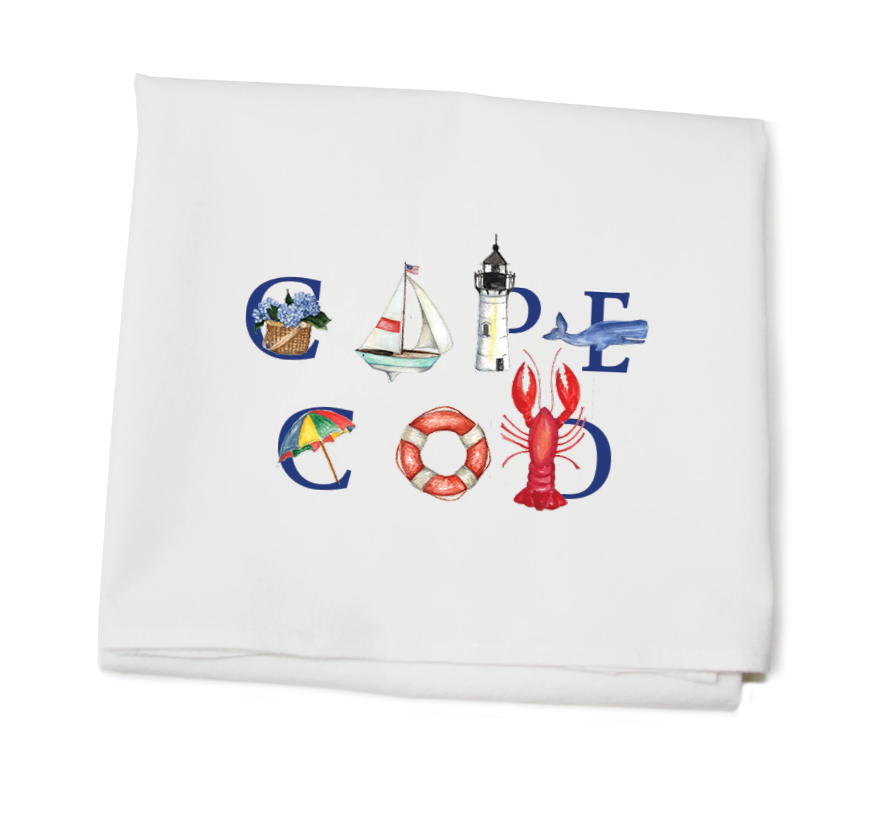 A white cotton kitchen towel with 'CAPE COD' printed in a decorative script that includes nautical themes and an illustration of a lobster. Available at Be Charmed