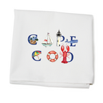 A white cotton kitchen towel with 'CAPE COD' printed in a decorative script that includes nautical themes and an illustration of a lobster. Available at Be Charmed