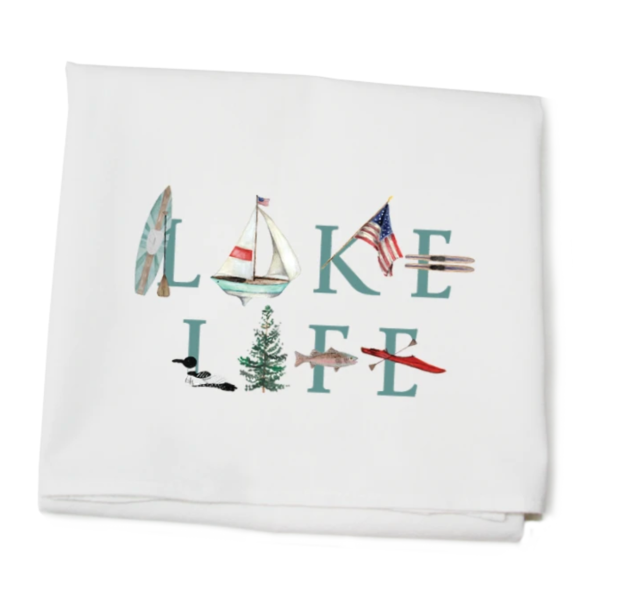 A white cotton kitchen towel with 'Lake Life' text and an illustration that includes a sailboat, a fish, a pine tree, and a red bird. Available at Be Charmed