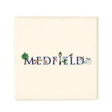 A square ceramic coaster with 'MEDFIELD' written on it and decorated with a blue bird, a bicycle, a tree, and a flower. Available at Be Charmed
