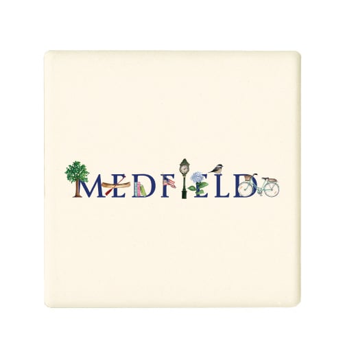 A square ceramic coaster with 'MEDFIELD' written on it and decorated with a blue bird, a bicycle, a tree, and a flower. Available at Be Charmed