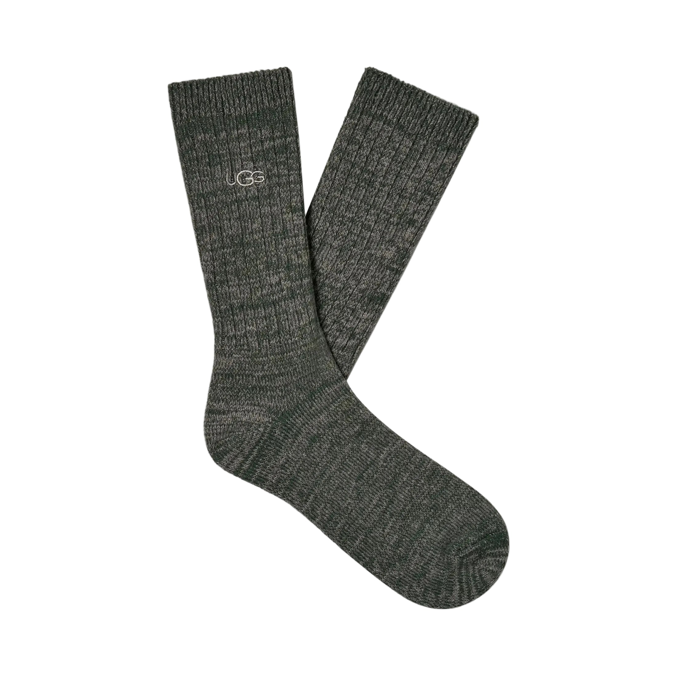 A pair of Trey Arugula ribbed crew socks with a small white UGG logo on the cuff, displayed against a light off-white background. Available at Be Charmed