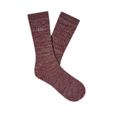 A pair of UGG Trey coffee berry crew socks in a heathered burgundy and gray knit pattern, displayed against a clean off-white background. Available at Be Charmed