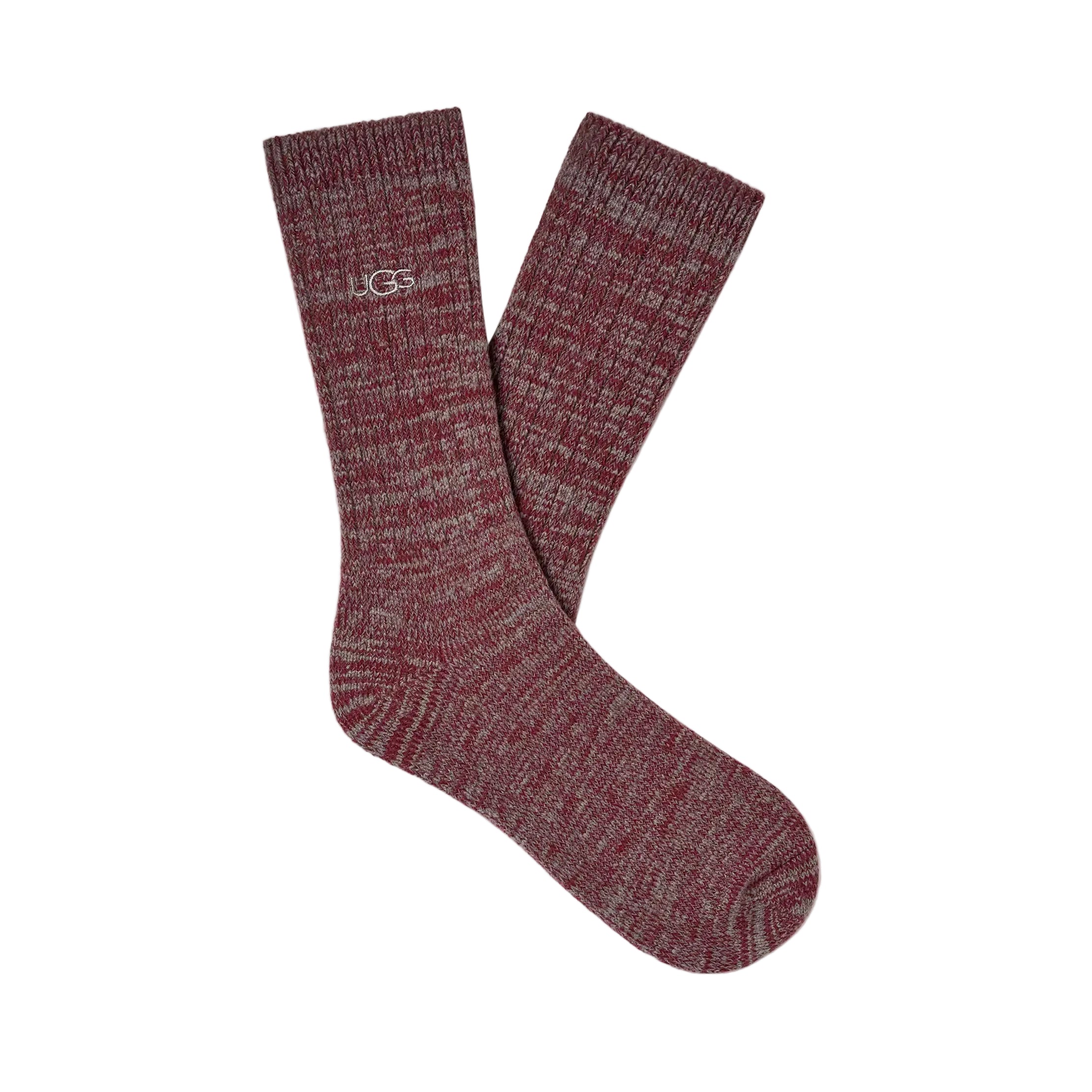 A pair of UGG Trey coffee berry crew socks in a heathered burgundy and gray knit pattern, displayed against a clean off-white background. Available at Be Charmed