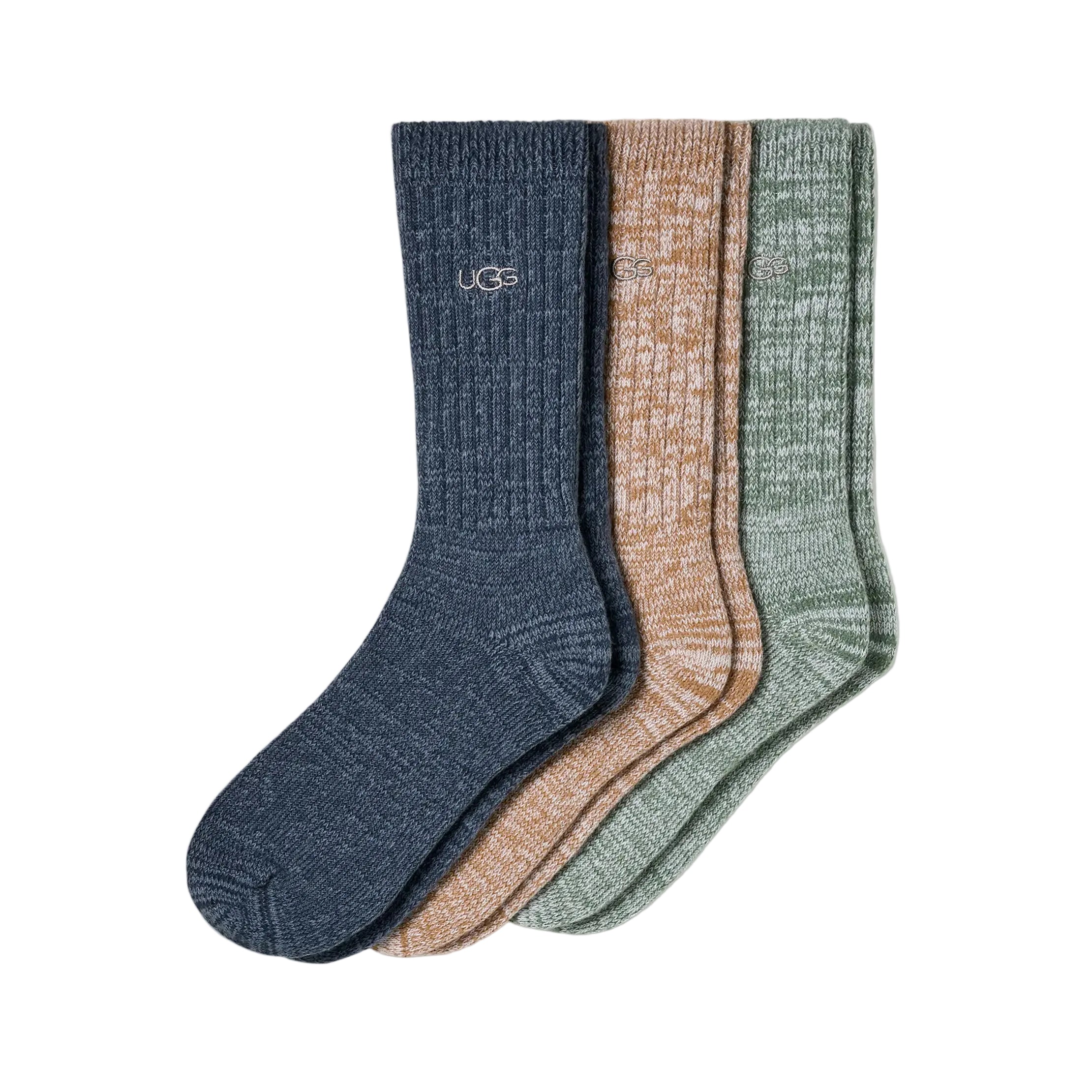 Three pairs of UGG crew socks in heathered navy blue, tan, and sage green, arranged overlapping on a white background. Available at Be Charmed