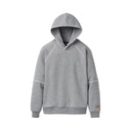 An UGG light gray heather pullover hoodie with white contrast stitching details, shown flat against a white background. Available at Be Charmed