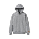 An UGG light gray heather pullover hoodie with white contrast stitching details, shown flat against a white background. Available at Be Charmed