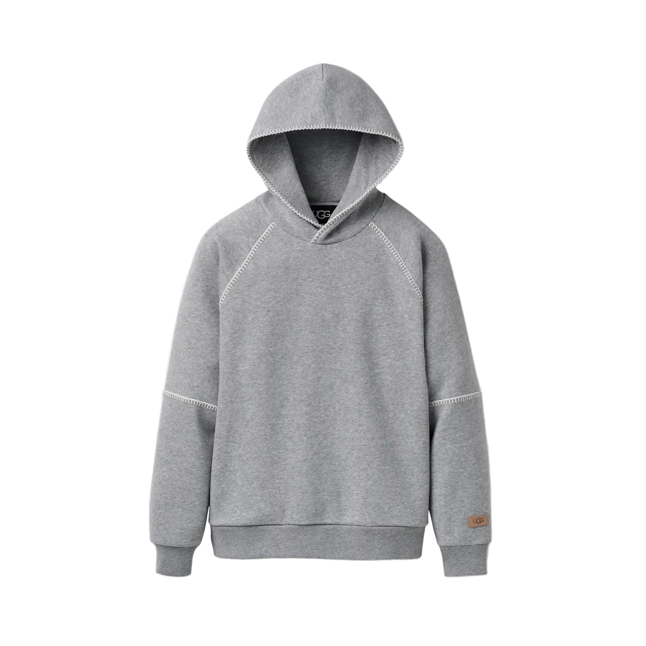 An UGG light gray heather pullover hoodie with white contrast stitching details, shown flat against a white background. Available at Be Charmed