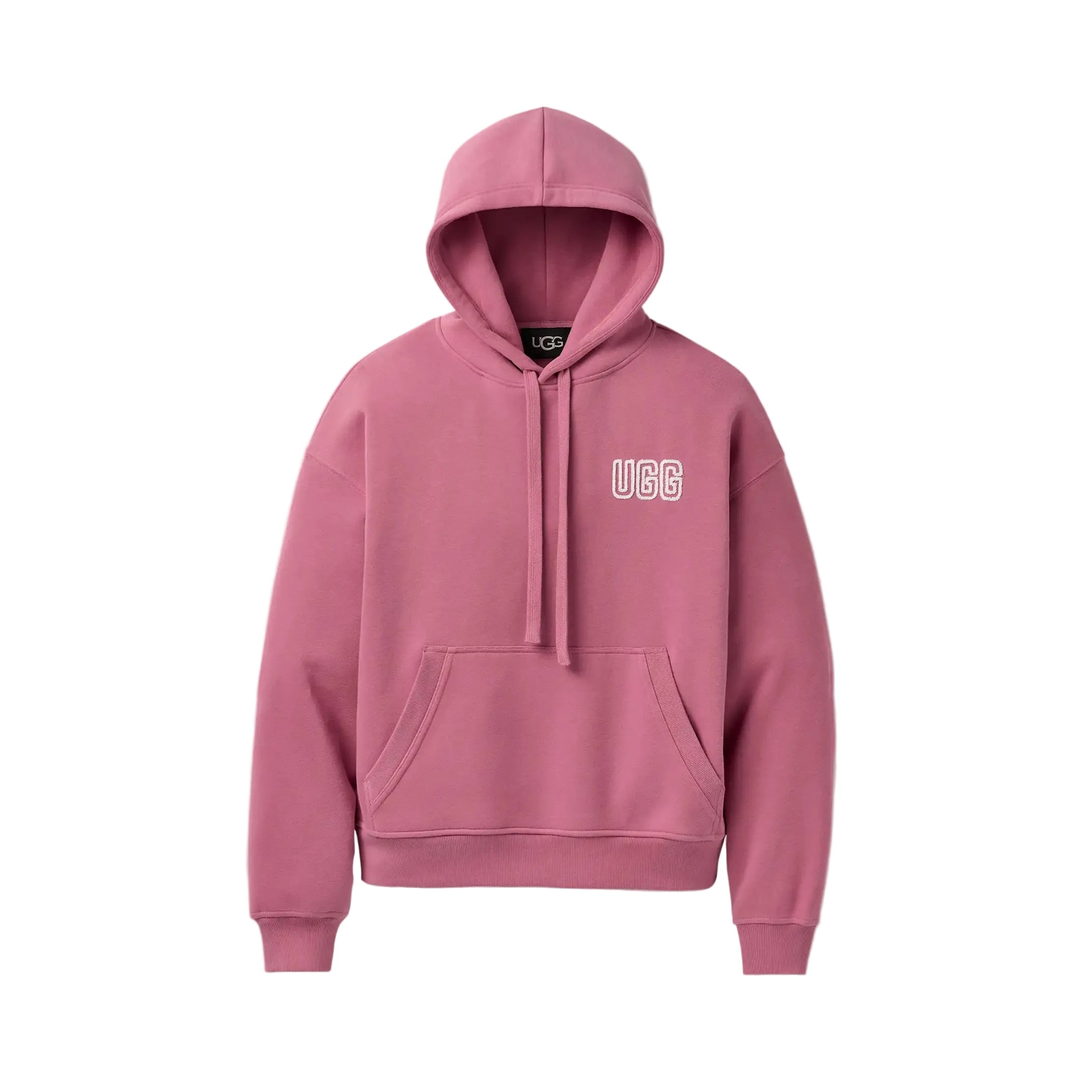 A dusty orchid pullover hoodie with a white 'UGG' logo printed on the left chest, displayed on a clean white background. Available at Be Charmed