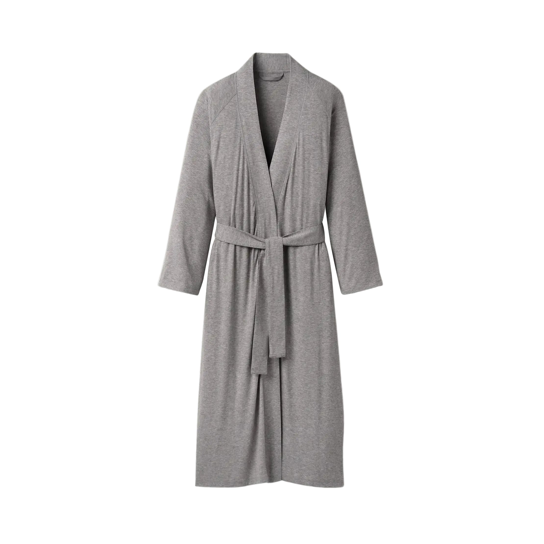 A long-sleeved UGG gray wrap robe with a matching waist tie belt, displayed on a clean, solid off-white background. Available at Be Charmed