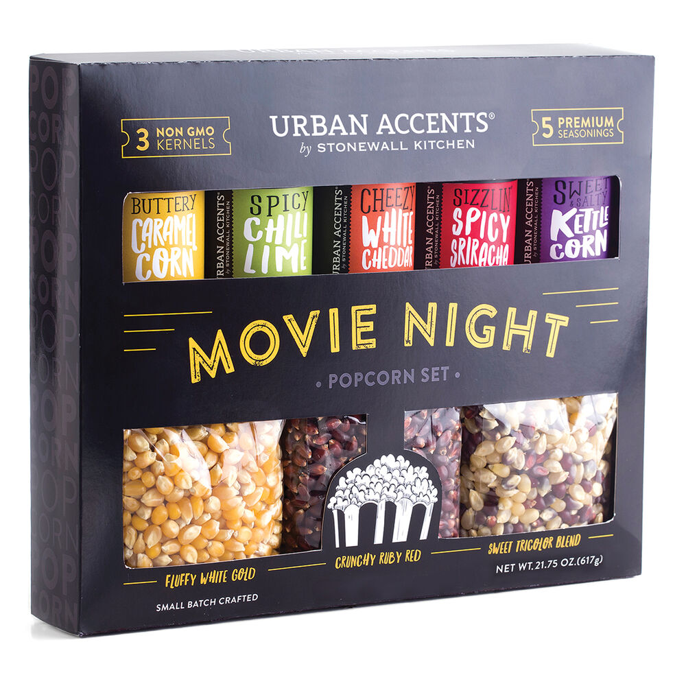 Box of Urban Accents Movie Night Popcorn Set with various popcorn flavors on a white background. Available at Be Charmed